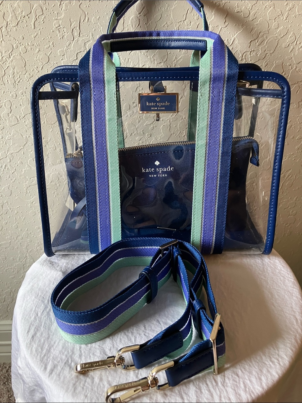 kate spade: Sam See-Through Clear Tote- Navy & Mint Striped Straps- Gold Tone
